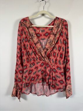 Free People Falling For You Faux Wrap Blouse XL Floral Hibiscus Boho Cottagecore